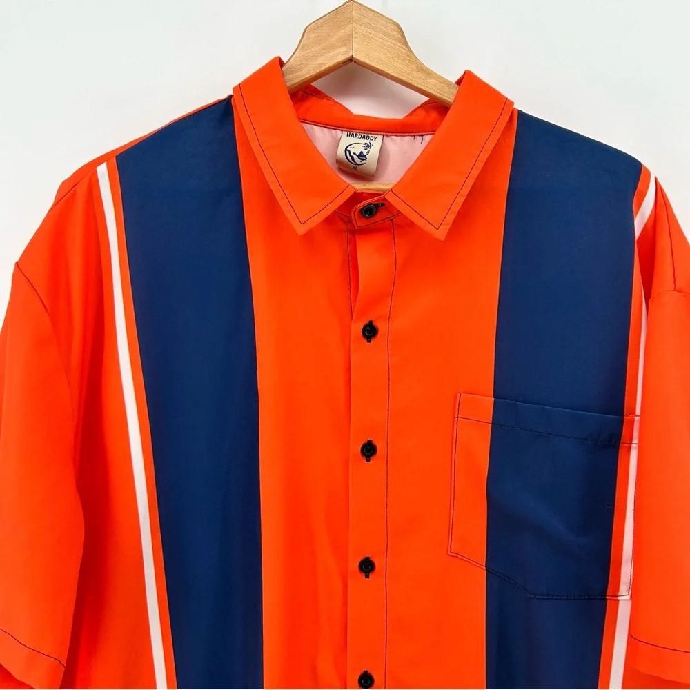 Hardaddy Shirt Mens Retro Bowling Short Sleeve Orange Navy Blue Striped Size XL - Picture 2 of 8